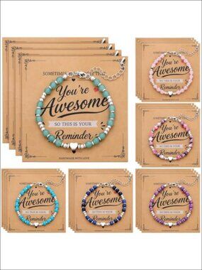 24 Pc Beaded Stretch Bracelets with Heart Charms & Kraft Thank You Cards